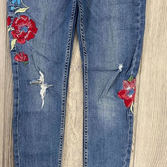 Zara Trafaluc Women Size 4 Embroidered Floral Skinny Leg Cotton Distressed Jeans - Picture 9 of 11